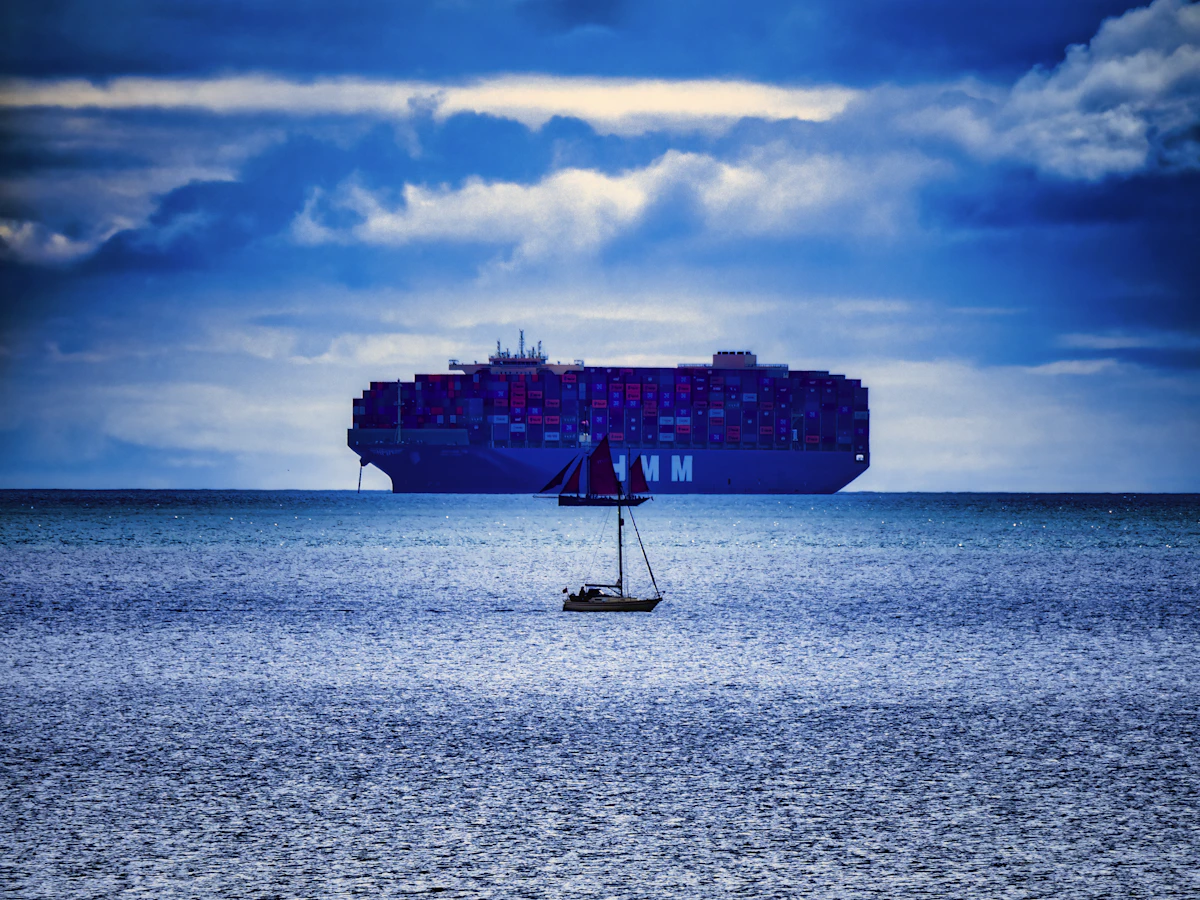 Container ship at sea on the open ocean